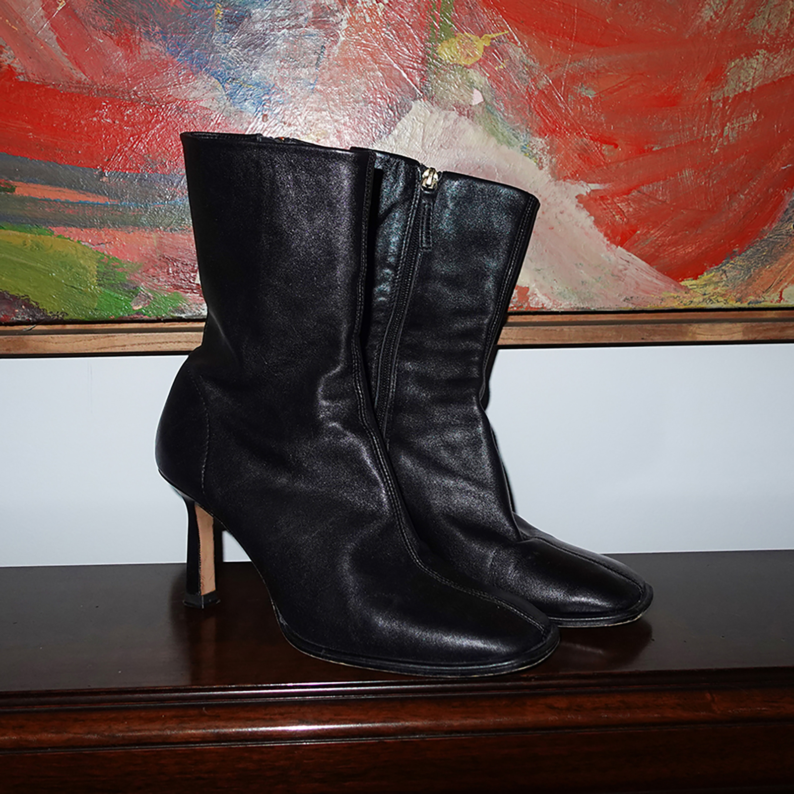 Zara Black Genuine Leather Square Toe Stiletto Ankle Sock Boots - Eu 39/ Us 8